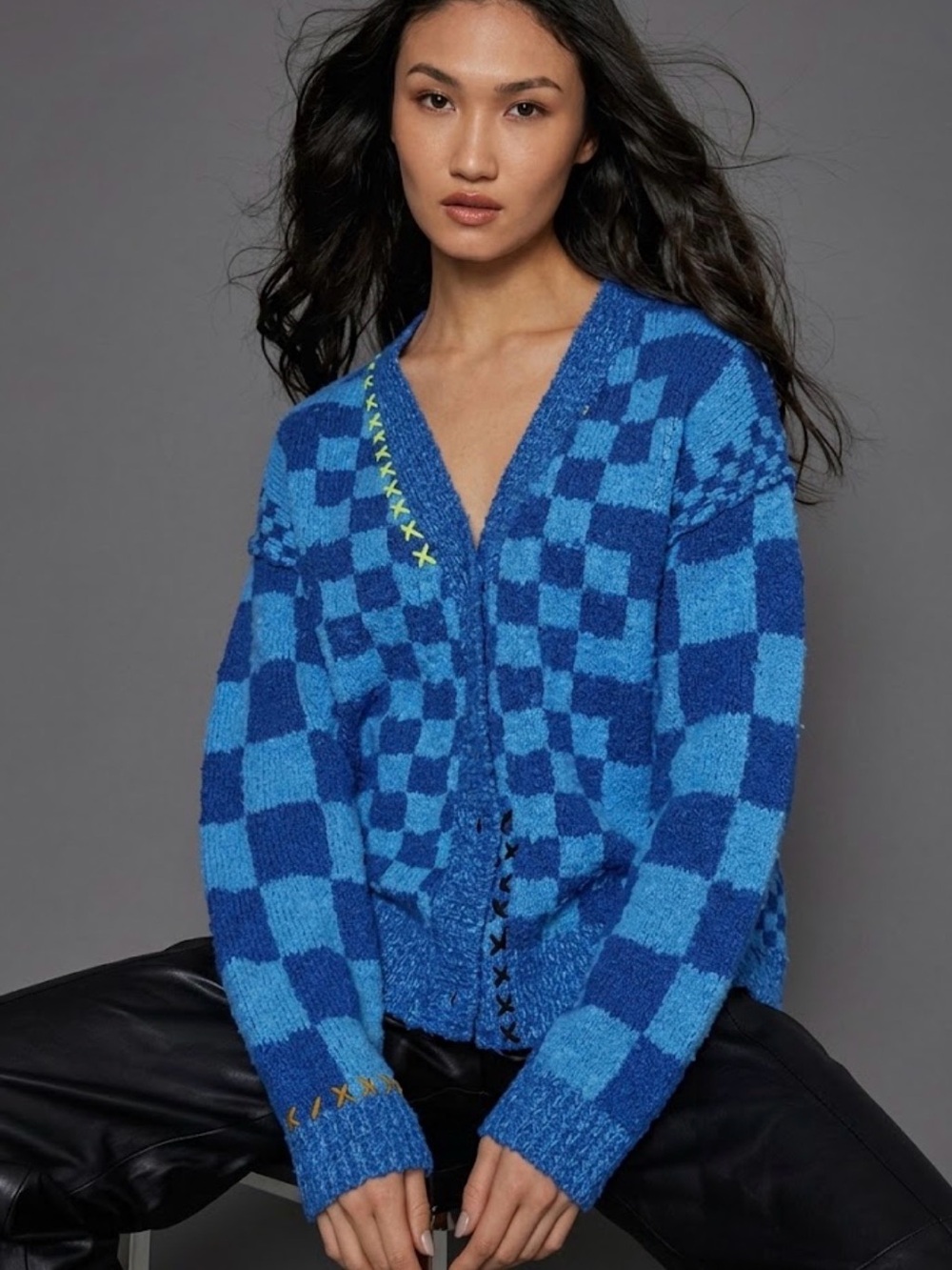 Lisa Todd Checkmate Checkered V-Neck Cardigan Sweater Blue Contrast Stitch Sz S